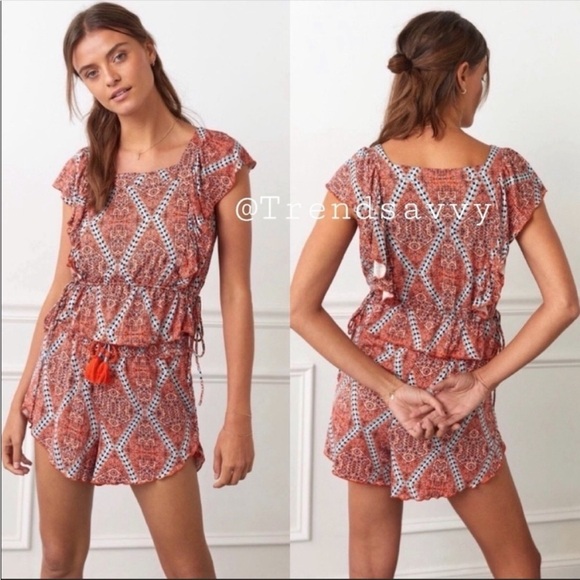 ANTHROPOLOGIE Ruffled Pajama Lounge Top Smocked Waist Short Set XXS NWT